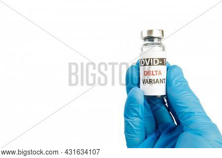Vaccine bottles covid - 19 delta variant, vials medicine and syringe injection isolated on white. Coronavirus DELTA 2019-ncov.