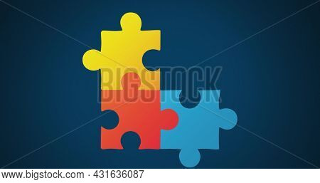 Image of multi coloured puzzle elements forming symbol of Autism Awareness Month symbol on blue background. Autism awareness support concept digitally generated image.