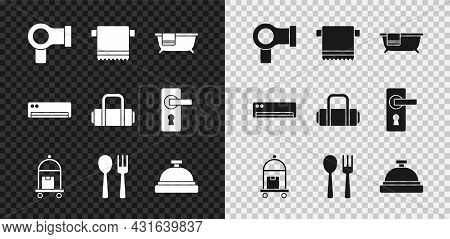 Set Hair Dryer, Towel On Hanger, Bathtub, Suitcase, Fork And Spoon, Hotel Service Bell, Air Conditio