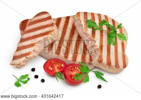 Tuna Fish Steak Grilled Isolated On White Background With Clipping Path And Full Depth Of Field, Top