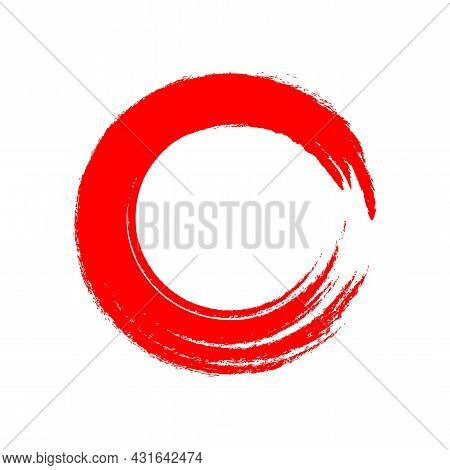 Red Circle Brush Enso Symbol, Smear Circle Shape With Scribble Hand Drawn, Ink Dirty Stain Red On Wh