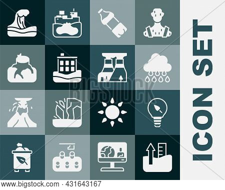 Set Rise In Water Level, Light Bulb With Leaf, Cloud Rain, Bottle Of, House Flood, Deforestation, Ts