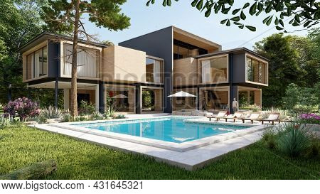 3D rendering of a large modern contemporary house in wood and concrete