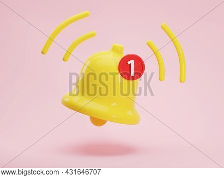 3d Render Icon Of Glossy Yellow Notification Bell With One New Message Isolated On Pink Background. 