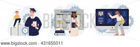 School Program Icon Collection. Admission To School, Curriculum, Student Personal File. Back To Scho
