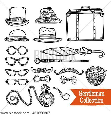 Old-fashioned Gentleman Accessories Set With Hats Pipes Umbrella And Cane Doodle Style Black Abstrac