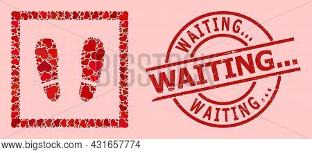 Textured Waiting... Stamp Seal, And Red Love Heart Pattern For Stay Here. Red Round Stamp Seal Has W