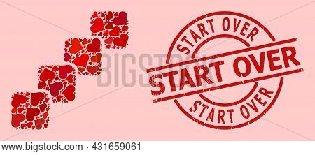 Rubber Start Over Stamp Seal, And Red Love Heart Collage For Blockchain. Red Round Badge Has Start O