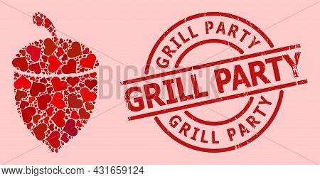 Grunge Grill Party Stamp Seal, And Red Love Heart Mosaic For Oak Acorn. Red Round Stamp Seal Include
