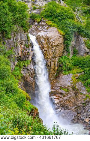 Wild Alpine Waterfall On Schlatenbach Mountain Stream. Gschloesstal Valley, Hohe Tauern National Par