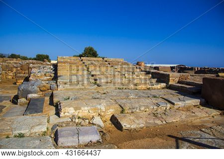 Ruins Of The Minoan Palace In Malia. Ancient Steps. Malia Palace Archaeological Site, Greece, Crete 