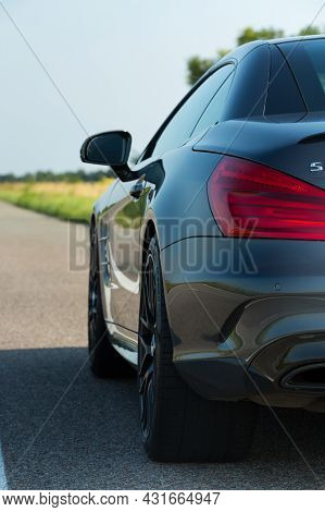 Dnepropetrovsk, Ukraine - 08.24. 2021: Photos Of The Mercedes Benz Sl550 Convertible On The Road.