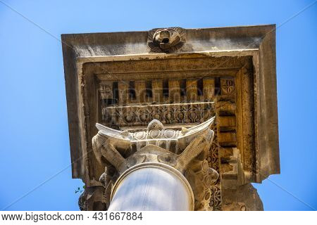Close Up Of The Top Of Hadrians Gate Column. Beautiful Ancient Arch With Amazing Details. Antalya, T