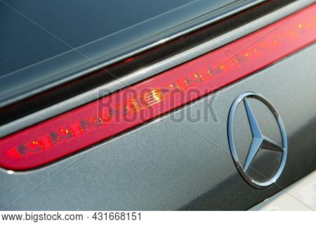Dnepropetrovsk, Ukraine - 08.24.2021: Photos Of The Mercedes Benz Sl550 Convertible On The Road. Rea