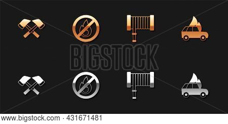 Set Firefighter Axe, No Fire, Hose Reel And Burning Car Icon. Vector