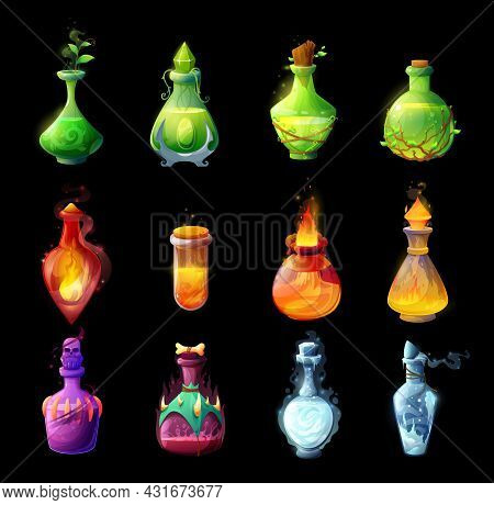 Cartoon Potion Bottles, Magic Spells And Elixirs Glass Bubbles. Life, Death Or Plant Grow, Fire And 