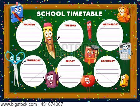 Education Timetable Schedule With Cartoon School Stationery Characters. Vector Weekly Classes Planne