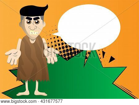 Cartoon Prehistoric Man Showing Something With Both Hands Or Expressing Don't Know Gesture. Vector I