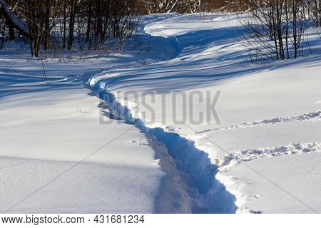 Well-trodden Path Through Deep Snow, Winter Landscape