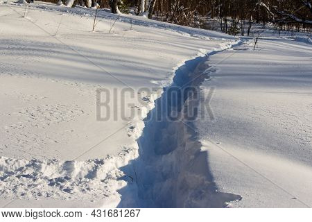 Well-trodden Path Through Deep Snow, Winter Landscape