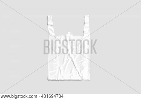 Blank White T-shirt Plastic Bag With Handle Mockup, Gray Background, 3d Rendering. Empty Crumpled Po