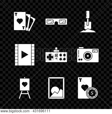 Set Playing Card With Heart Symbol, 3d Cinema Glasses, Shovel The Ground, Wood Easel Or Painting Boa