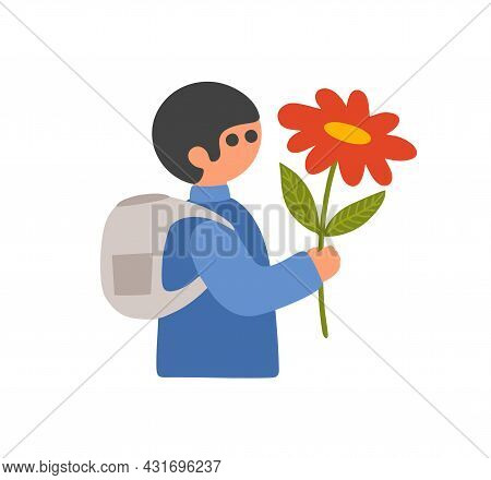 Pupil Boy With Big Flower Going To School. Present To The Teatcher.