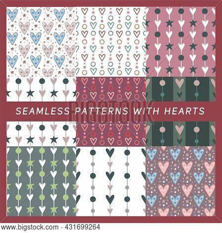 Seamless Pattern With Vintage Hand Drawn Hearts, Valentine Day, Card Decor, Fabric Wall Art