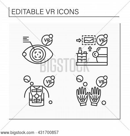 Virtual Reality Line Icons Set. Haptic Gloves, Suit, Eye Tap. Vr Interior Design. Modern Technology 
