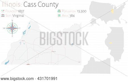 Large And Detailed Map Of Cass County In Illinois, Usa.