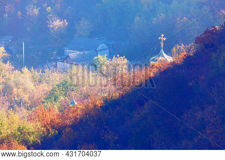 Golden Church Dome On The Hill . Mountainside Church In Saharna Village From Moldova