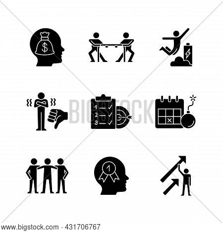 Motivation Stimulus Black Glyph Icons Set On White Space. Money Reward. Desire To Win. Positive Dyna