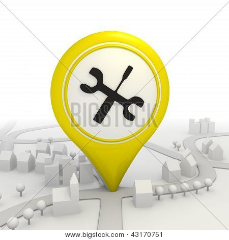 Mecânico ícone dentro de um ponteiro de mapa amarelo