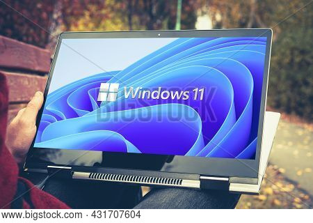 June 23, 2021. Barnaul, Russia. Windows 11 Logo On The Screens Of A Transformer Laptop. A New Operat
