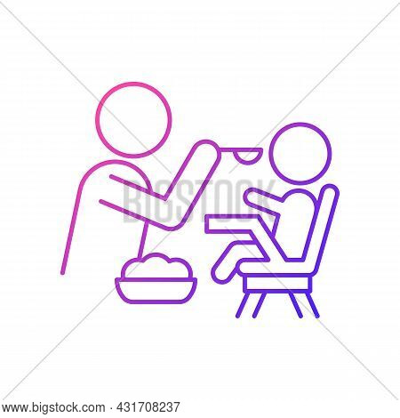 Feeding In Highchair Gradient Linear Vector Icon. Helping Baby Eating. Bonding With Child During Mea