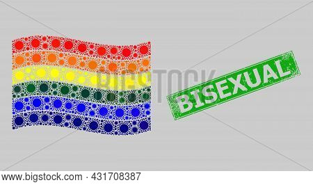 Rubber Bisexual And Mosaic Waving Lgbt Flag Constructed With Sun Elements. Green Stamp Includes Bise