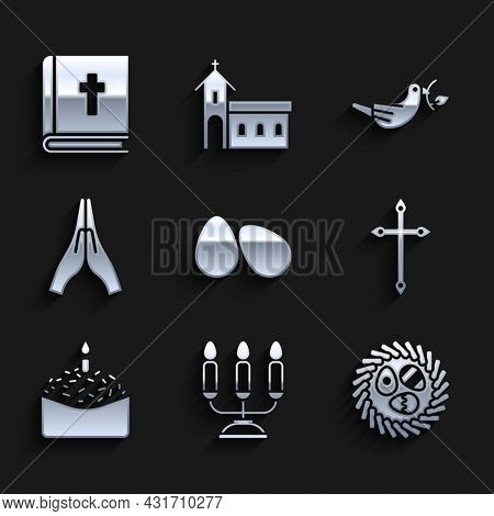 Set Easter Eggs, Candelabrum With Candlesticks, In Wicker Nest, Christian Cross, Cake, Hands Praying