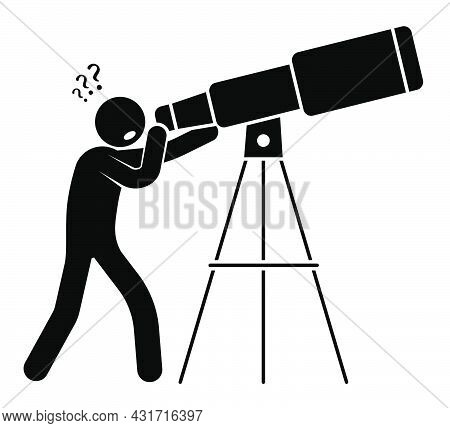 Scientist, Stick Man Observes With Telescope Stars And Planets Of Solar System. Space Exploration. S