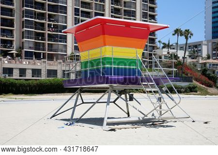 LONG BEACH, California - July 5, 2021: Gay Pride Lifeguard Tower. The rainbow-colored lifeguard tower supports the LGBTQ community. 