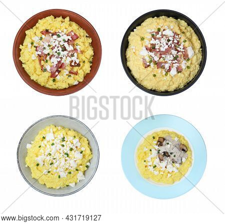 Set With Delicious Traditional Banosh On White Background, Top View