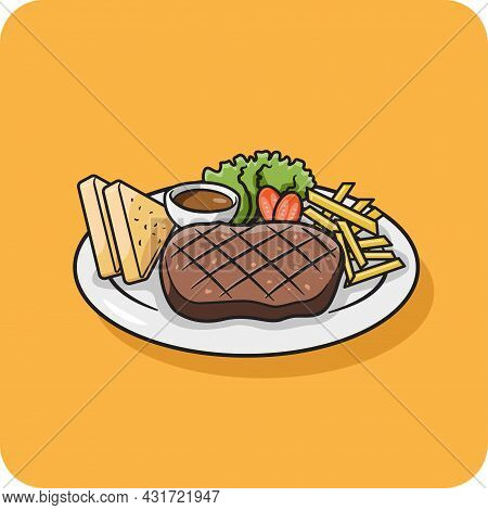 Grilled Meat Steak With French Fries, Tomato, Bread On Yellow Background.