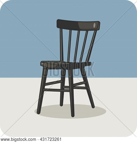 Wooden Chair Black Color Vintage For Interior Design, Isolated And Flat Design.