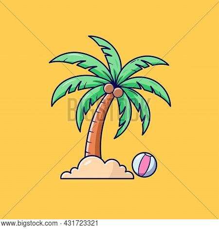 Coconut Tree Green Leaves With A Ball On The Beach In Summer,flat Design And Isolated On Yellow Back