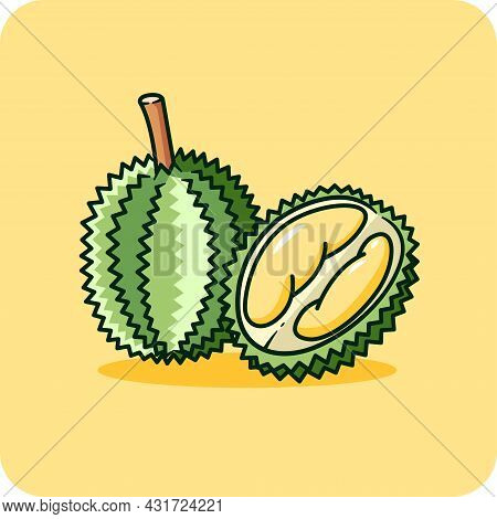 Durian Skin Has Thorns. Cut In Half, See The Durian Flesh Inside ,flat Design On Yellow Background.