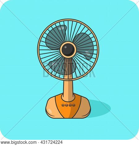 Orange Table Fan With 3 Blades, Isolated And Flat Design On Mint Background
