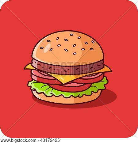 Beef Hamburger With Tomatoes And Vegetables, Isolated Icon And Flat Design On Red Background.