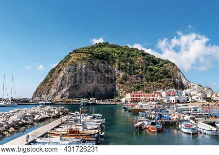 Naples, Ischia, Italy - July  05 2021: Landscape With Sant Angelo Fishing Village, Coast Of Ischia, 