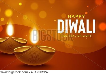 Happy Diwali Design With Diya Oil Lamp Elements On Brown Background, Bokeh Sparkling Effect
