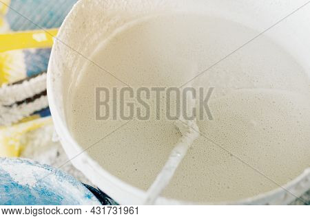 The Concept Of Repair Of The House And Premises. Buckets Of Paint And Lime For Whitewashing And Pain