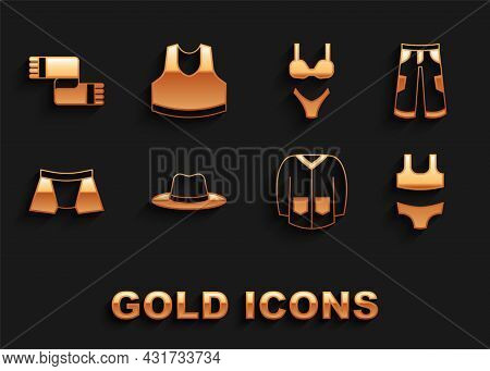 Set Man Hat, Pants, Swimsuit, Sweater, Men Underpants, Winter Scarf And Undershirt Icon. Vector
